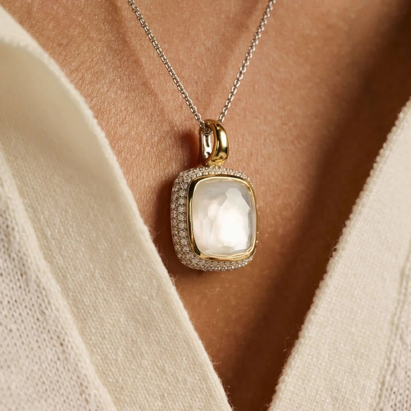 Zirconia Cushion Pearl Necklace with Pendant - Silver/Gold