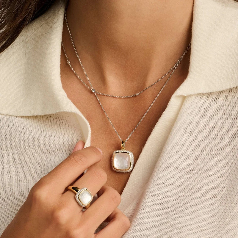 Zirconia Cushion Pearl Necklace with Pendant - Silver/Gold