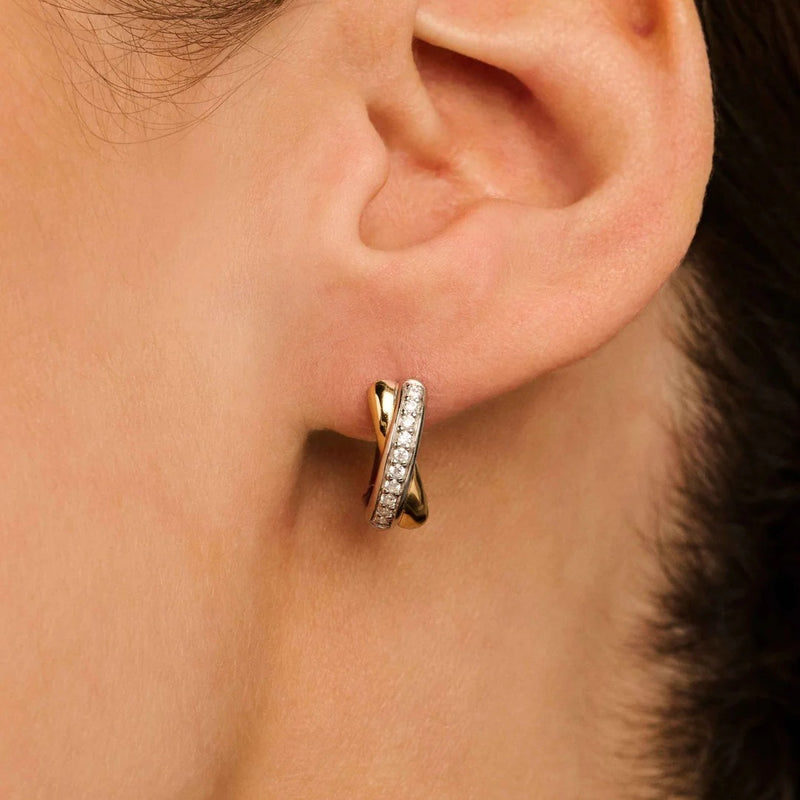 Milano CZ Crossover Huggie Hoop Earrings - Yellow/Silver