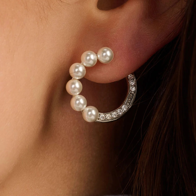Pearl Zirconia Circle Earrings - Silver