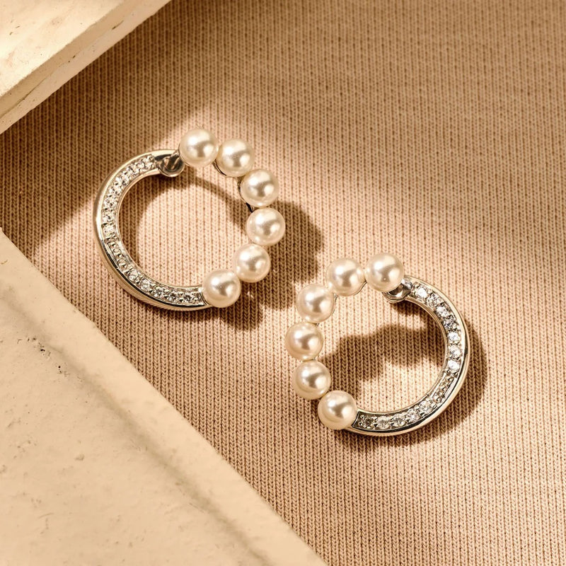 Pearl Zirconia Circle Earrings - Silver