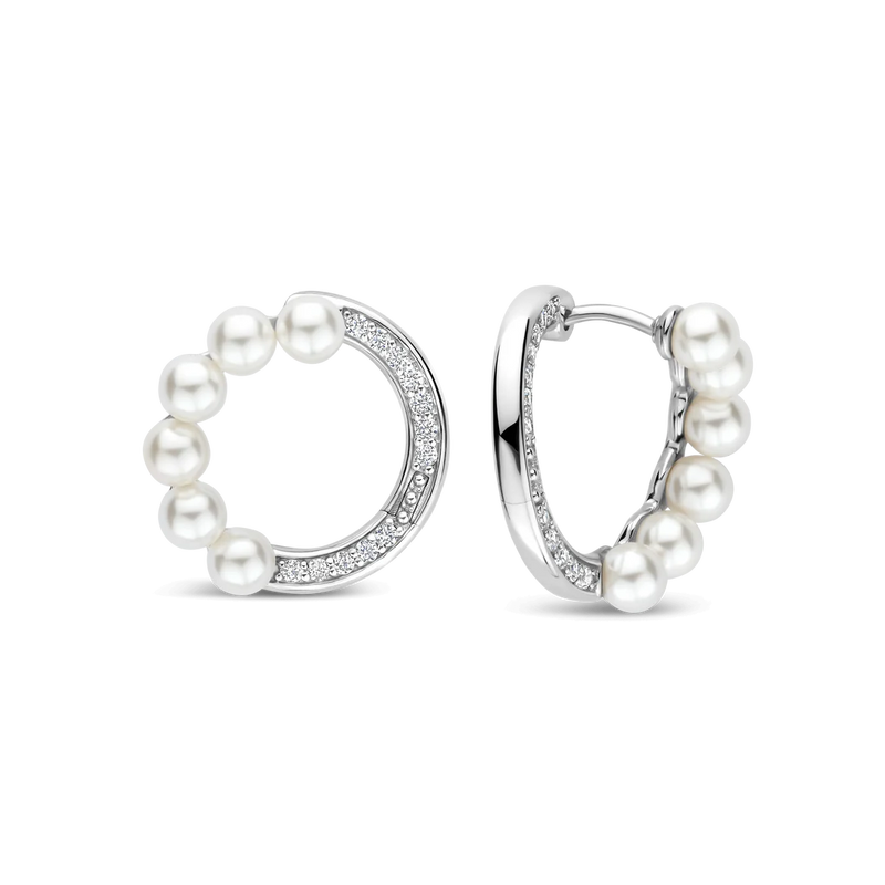 Pearl Zirconia Circle Earrings - Silver