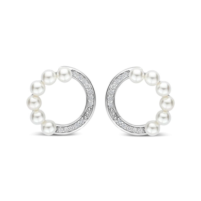 Pearl Zirconia Circle Earrings - Silver