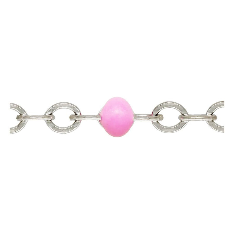 925 Sterling Silver Flat Cable Chain with Pink Beads