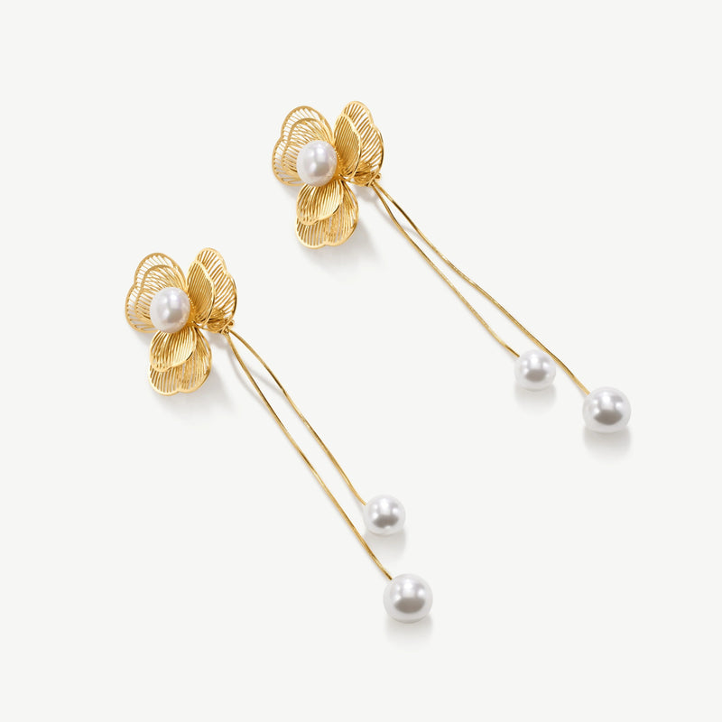 Flower Drop Earrings - Gold - AJE-14