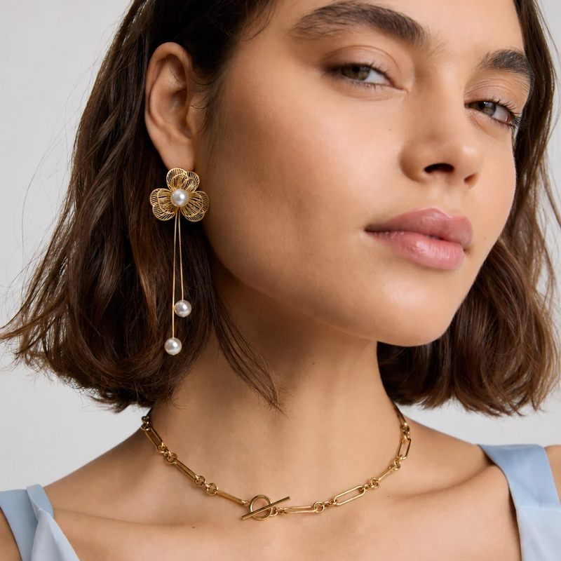Flower Drop Earrings - Gold - AJE-14