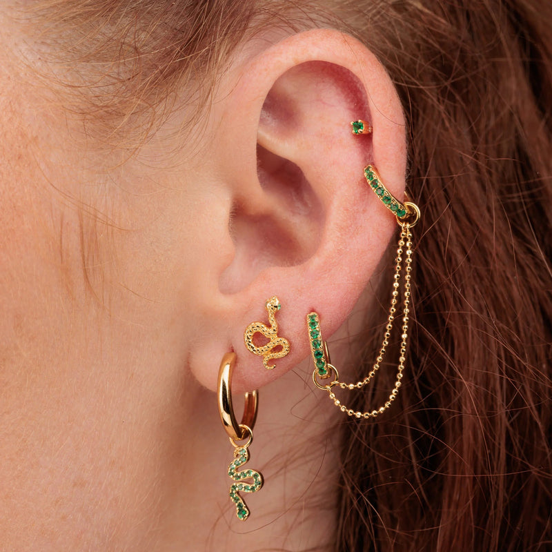 Emerald Green Stone Double Chain Huggie Earring - Gold - SPG-25009-185