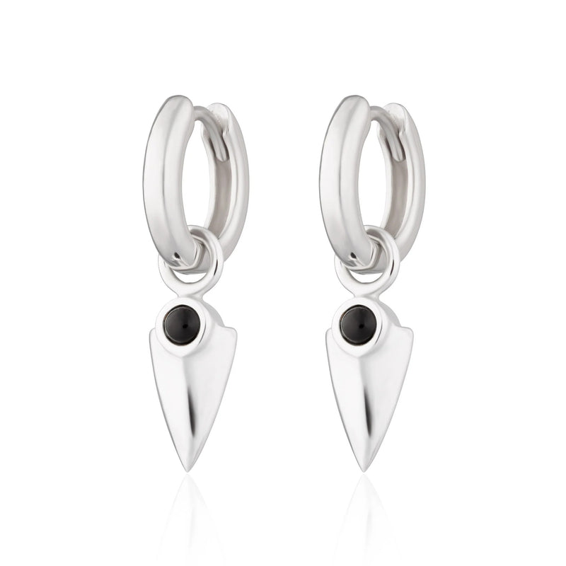 Black Onyx Shield Charm Hoop Earrings - Silver - SPS-2-162