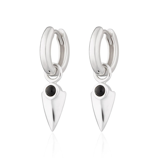 Black Onyx Shield Charm Hoop Earrings - Silver - SPS-2-162