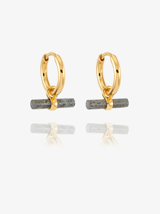 Midnight Shimmer Gemstone T-Bar Huggie Hoops Earrings - Gold