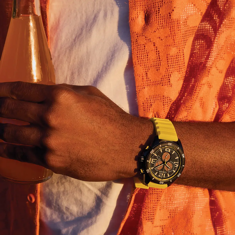 Men's Sport Chronograph Watch, Black/Yellow - AT2585-08E