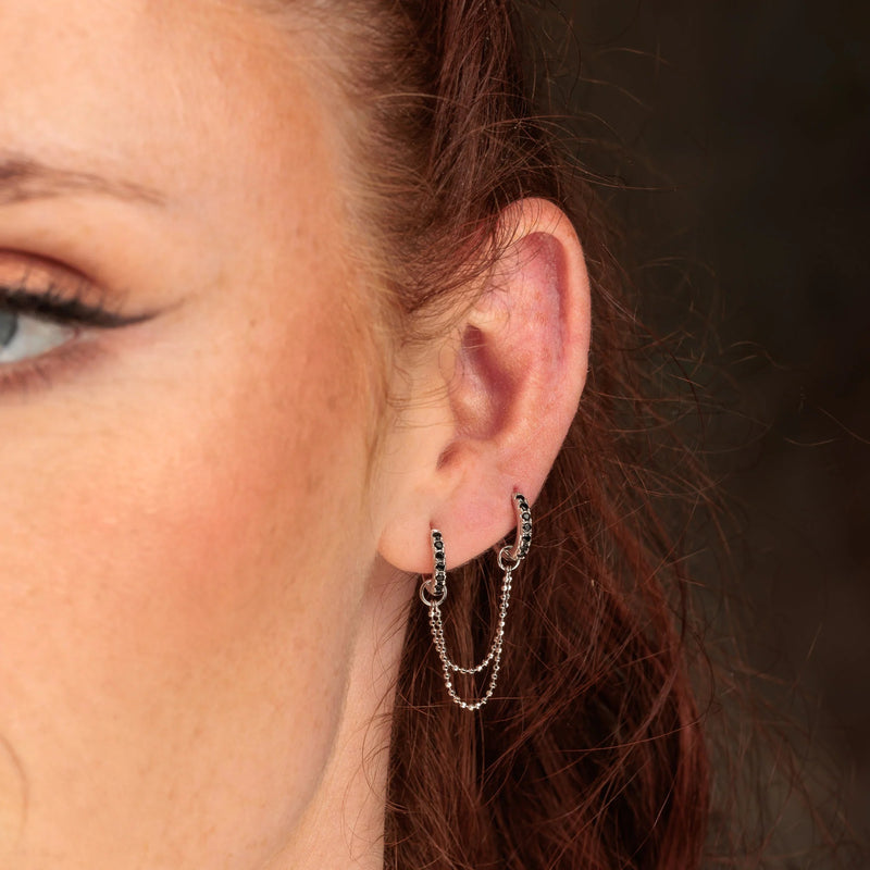 Black Stone Double Chain Huggie Earring - Silver - SPS-25009-52