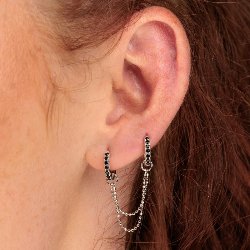 Black Stone Double Chain Huggie Earring - Silver - SPS-25009-52