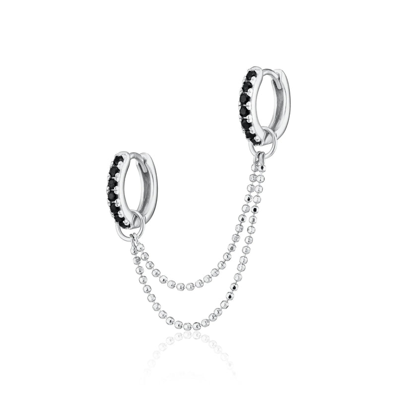 Black Stone Double Chain Huggie Earring - Silver - SPS-25009-52