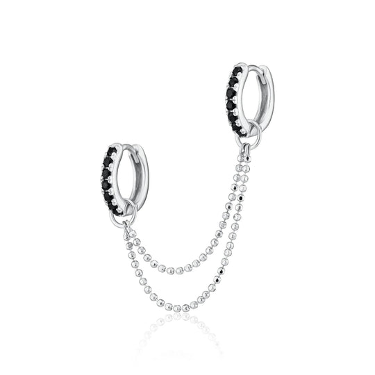 Black Stone Double Chain Huggie Earring - Silver - SPS-25009-52