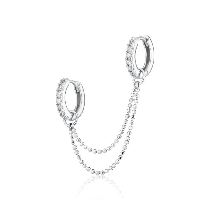 Clear Stone Double Chain Huggie Earring - Silver - SPS-25009-48