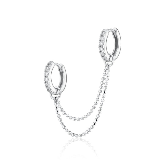 Clear Stone Double Chain Huggie Earring - Silver - SPS-25009-48