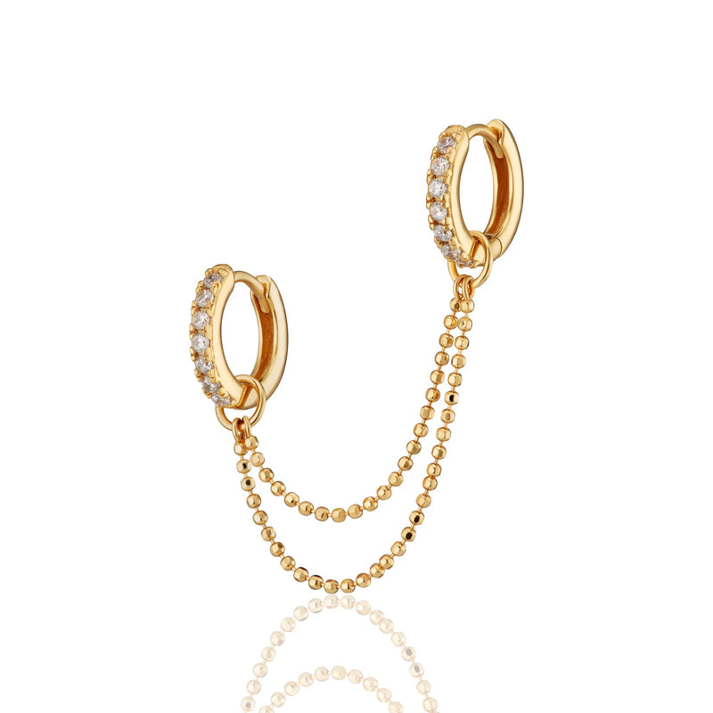 Clear Stone Double Chain Huggie Earring - Gold - SPG-25009-48