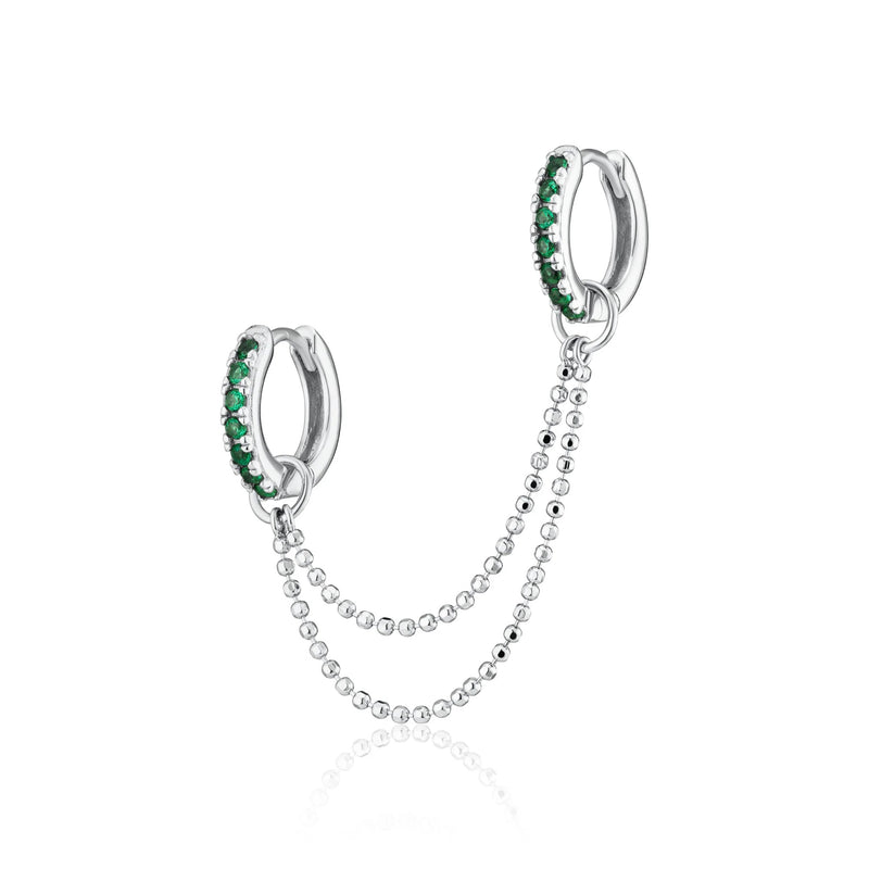 Emerald Green Stone Double Chain Huggie Earring - Silver - SPS-25009-185