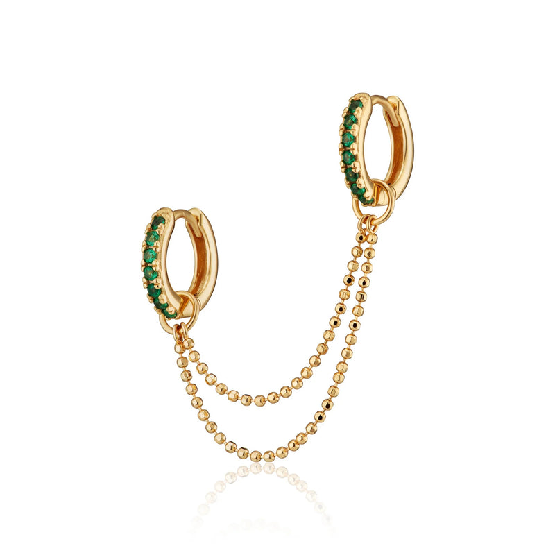 Emerald Green Stone Double Chain Huggie Earring - Gold - SPG-25009-185