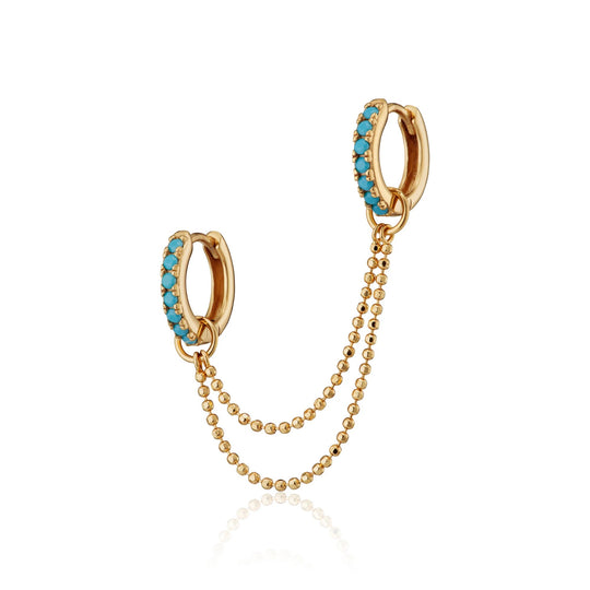 Turquoise Stone Double Chain Huggie Earring - Gold - SPG-25009-133