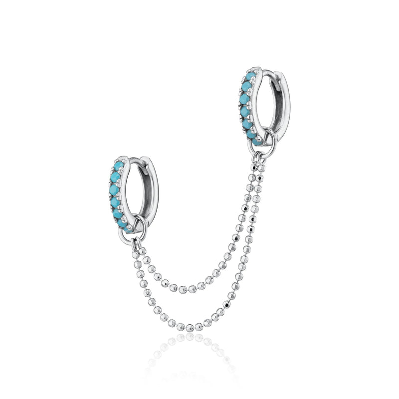 Turquoise Stone Double Chain Huggie Earring - Silver - SPS-25009-133