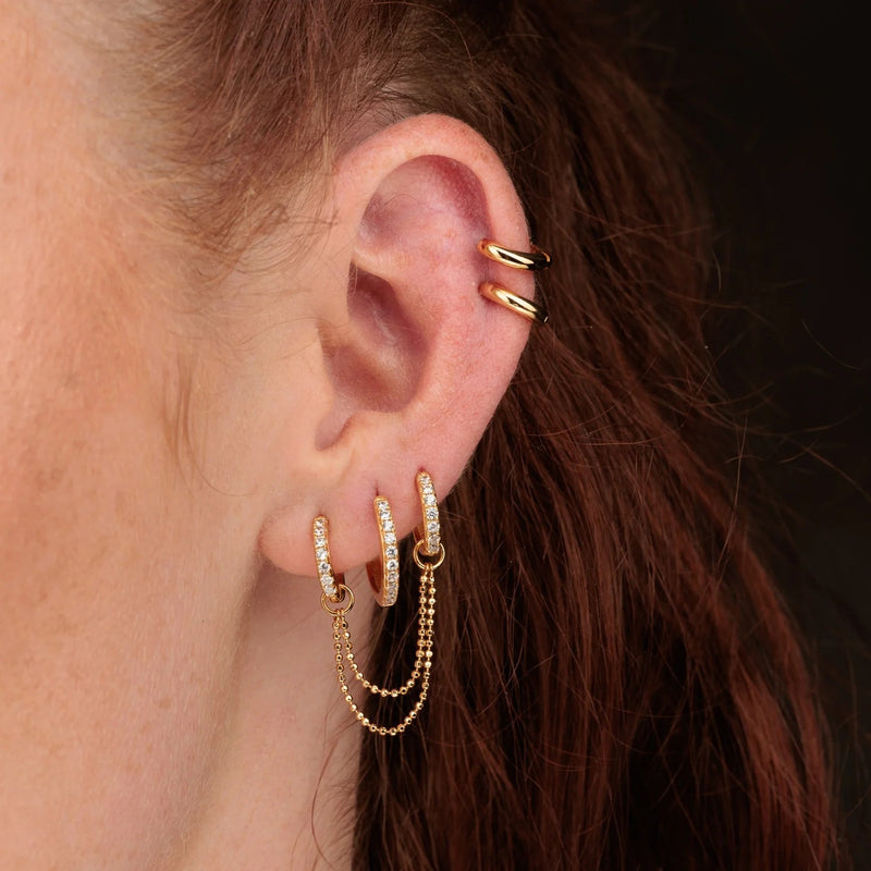 Clear Stone Double Chain Huggie Earring - Gold - SPG-25009-48