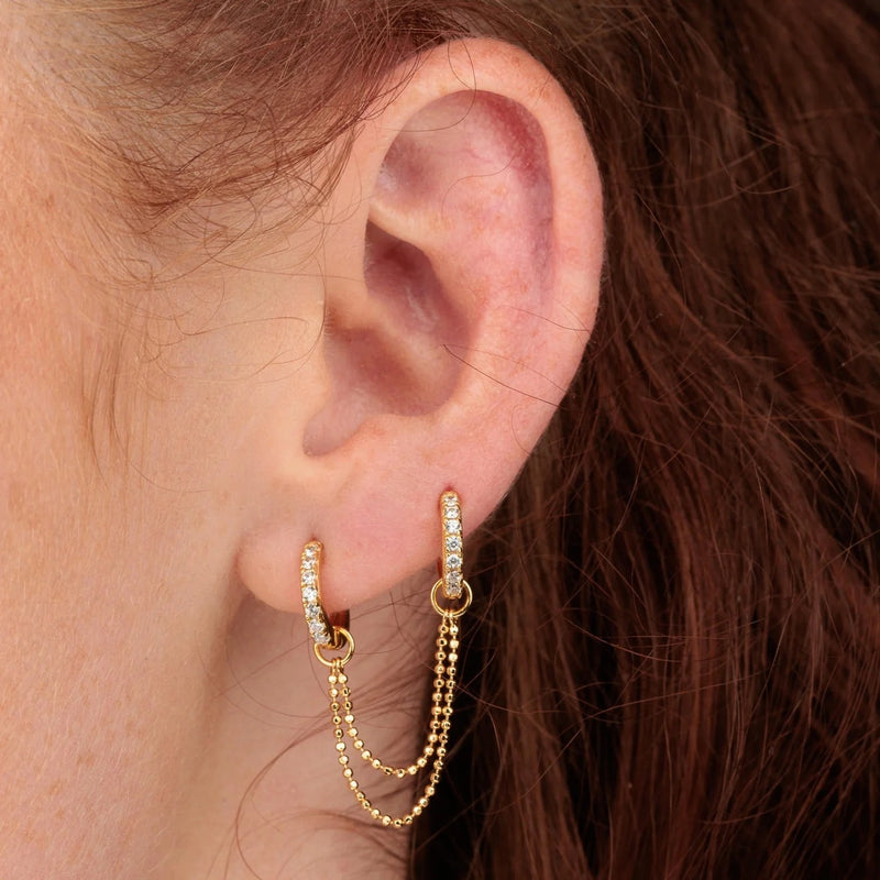 Clear Stone Double Chain Huggie Earring - Gold - SPG-25009-48