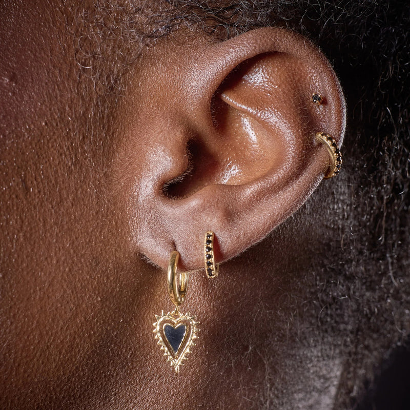Black Heart Charm Hoop Earrings - Gold - SPG-130
