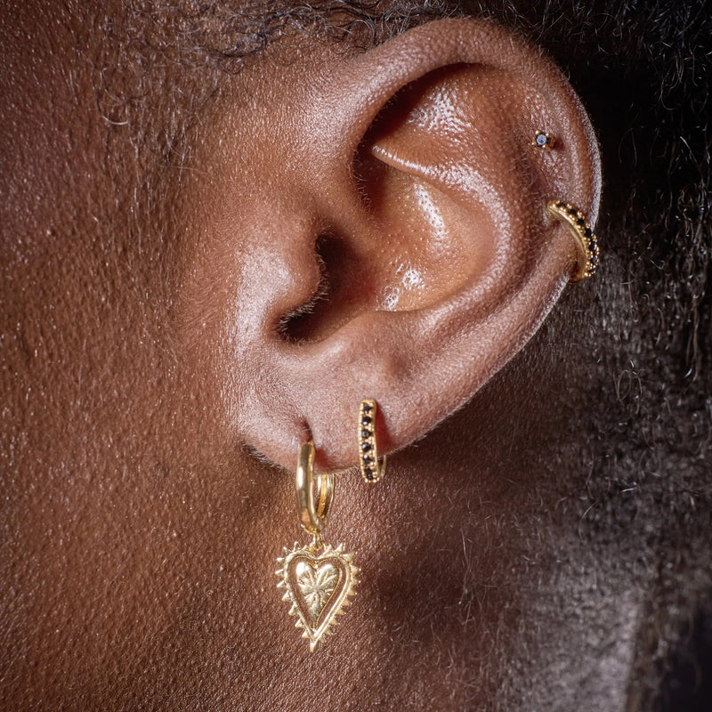 Black Heart Charm Hoop Earrings - Gold - SPG-130