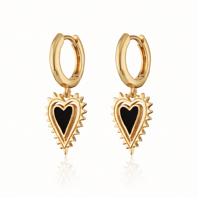 Black Heart Charm Hoop Earrings - Gold - SPG-130