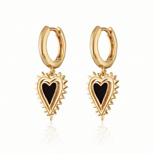Black Heart Charm Hoop Earrings - Gold - SPG-130