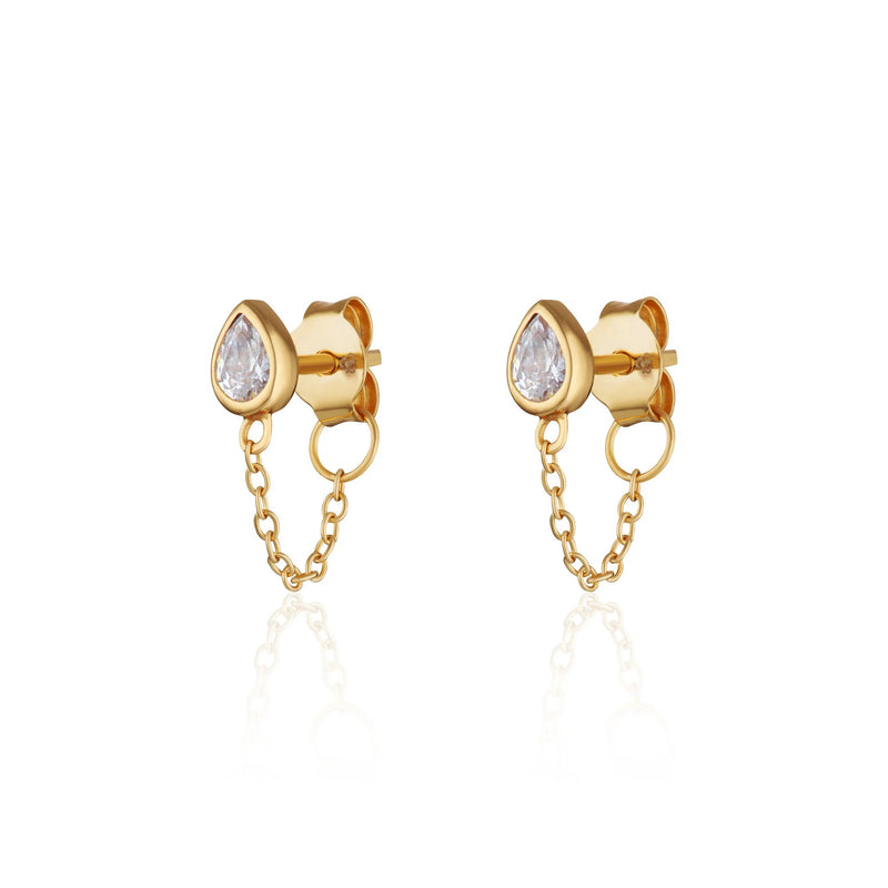 Chained Teardrop Stud Earrings - Gold - SPG-68a