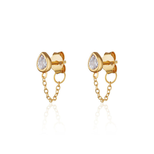 Chained Teardrop Stud Earrings - Gold - SPG-68a