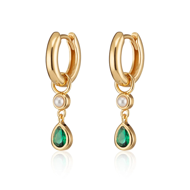 Emerald Green Teardrop & Pearl Charm Hoop Earrings - Gold - SPG-29996-162