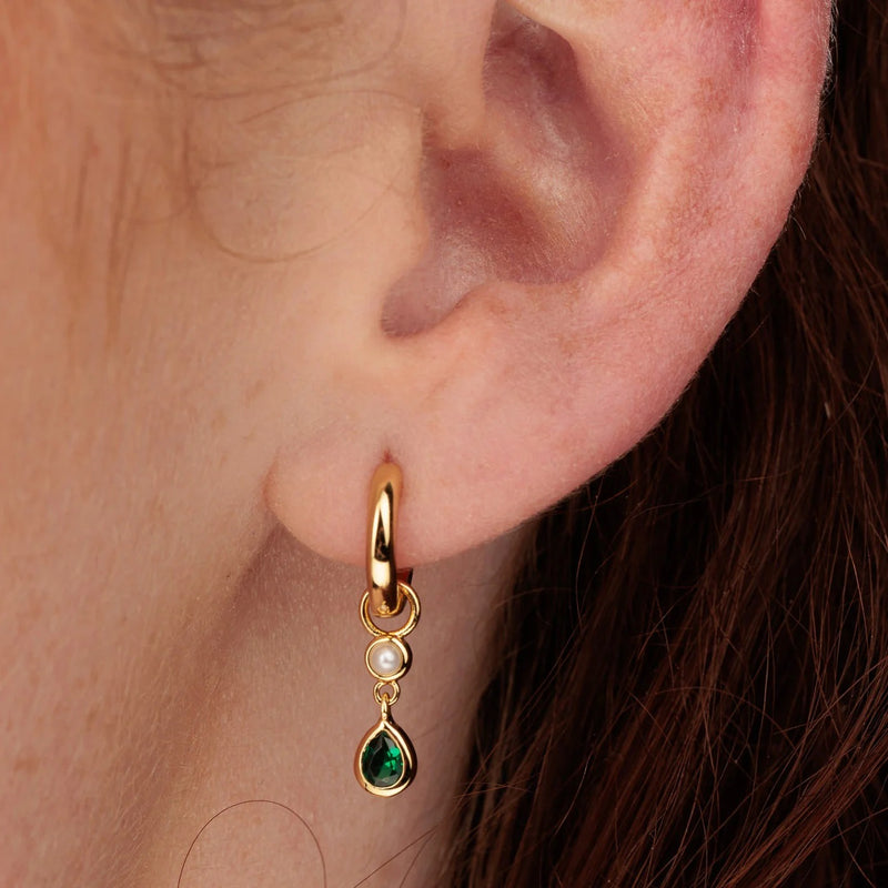 Emerald Green Teardrop & Pearl Charm Hoop Earrings - Gold - SPG-29996-162