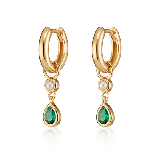 Emerald Green Teardrop & Pearl Charm Hoop Earrings - Gold - SPG-29996-162