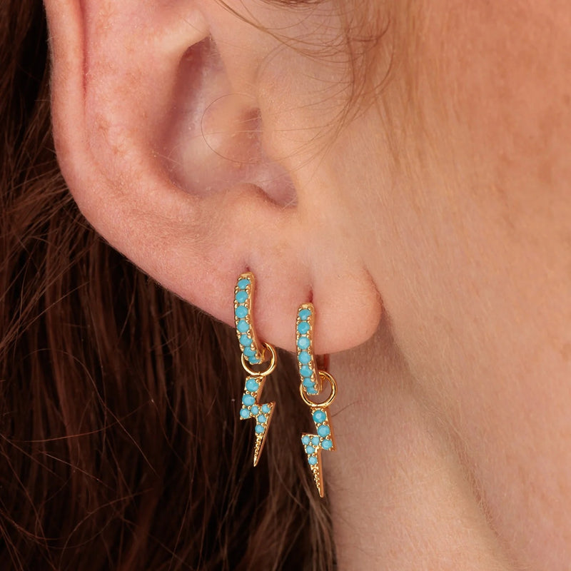 Turquoise Lightning Bolt Charm Hoop Earrings - Gold - SPG-133-29981
