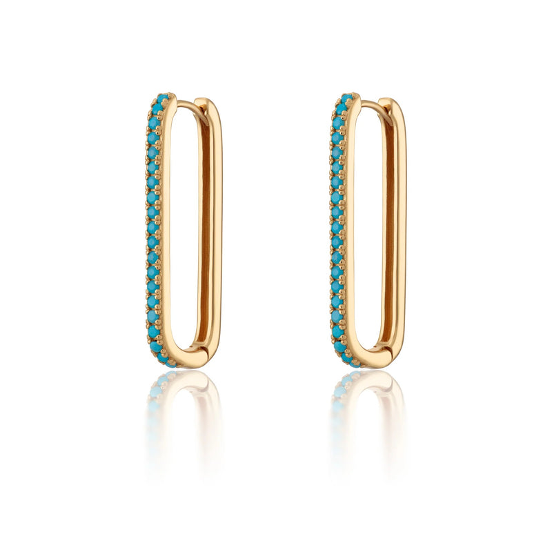 Elongated Oval Hoop Earrings With Turquoise Stones - Gold - SPG-242a