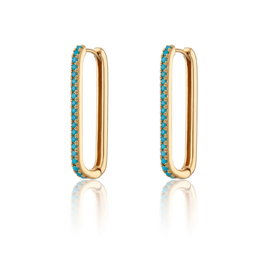Elongated Oval Hoop Earrings With Turquoise Stones - Gold - SPG-242a