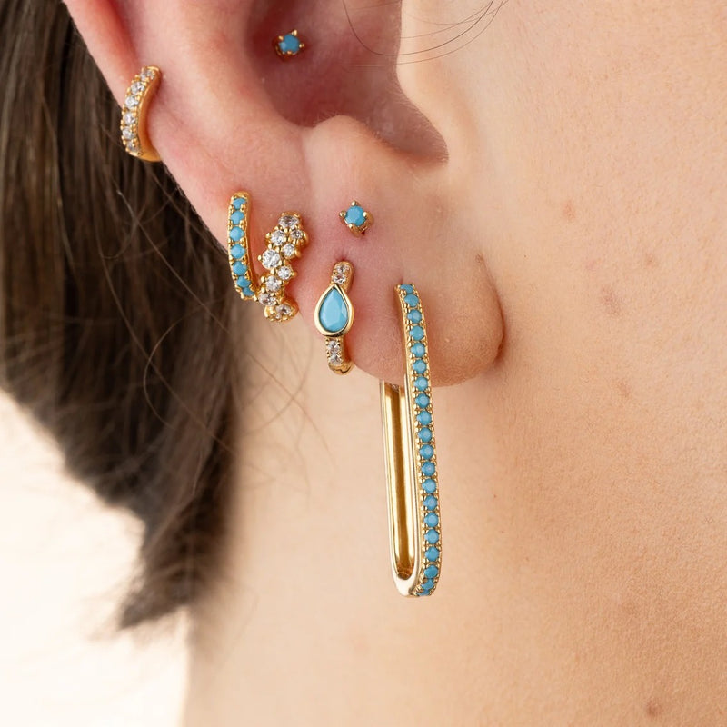 Elongated Oval Hoop Earrings With Turquoise Stones - Gold - SPG-242a