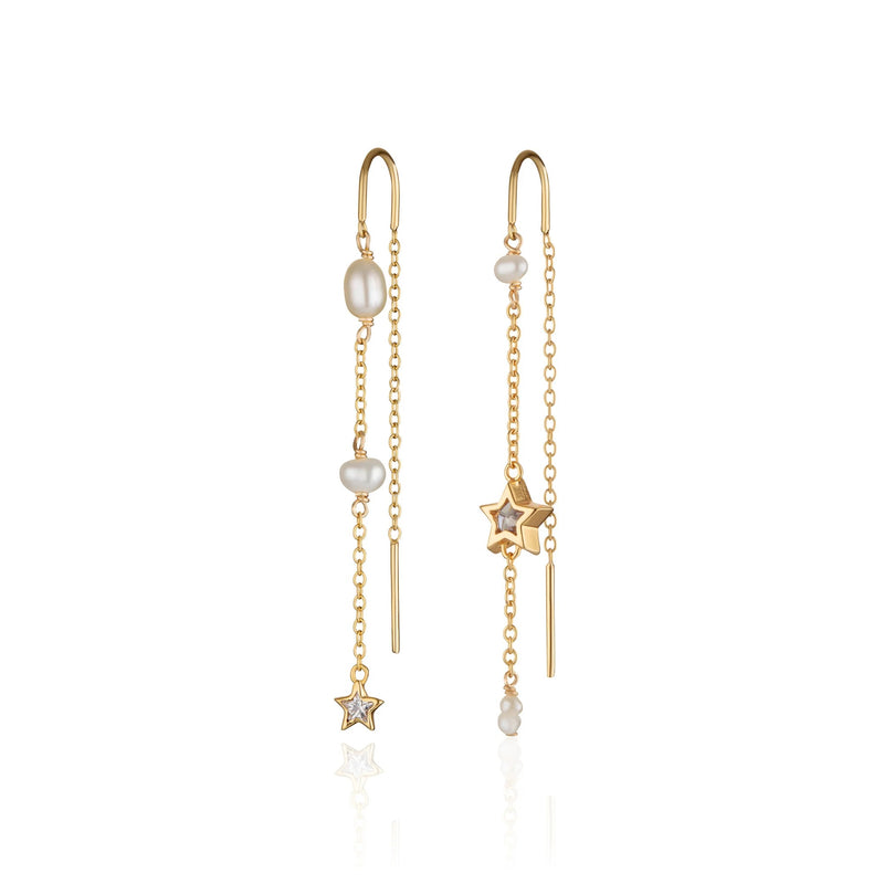 Pearl & Star Mismatched Threader Earrings - Gold - SPG-115a
