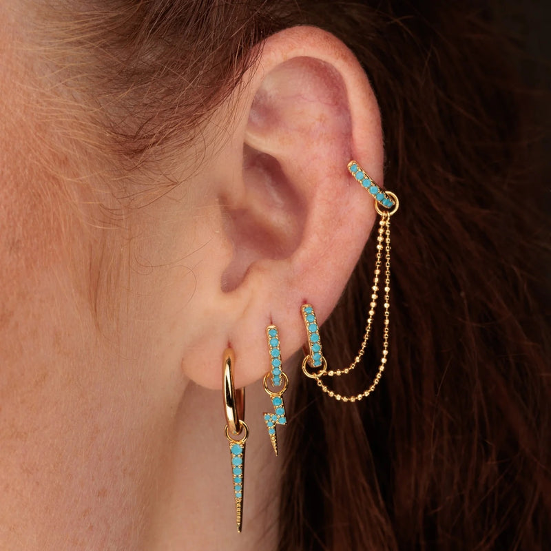 Turquoise Stone Double Chain Huggie Earring - Gold - SPG-25009-133