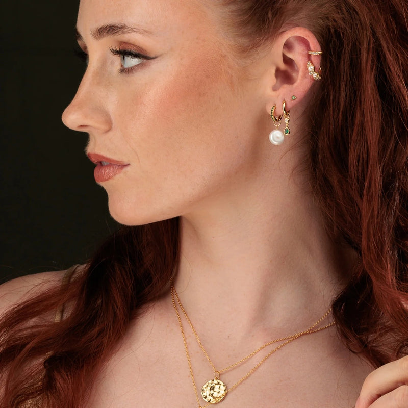Emerald Green Teardrop & Pearl Charm Hoop Earrings - Gold - SPG-29996-162
