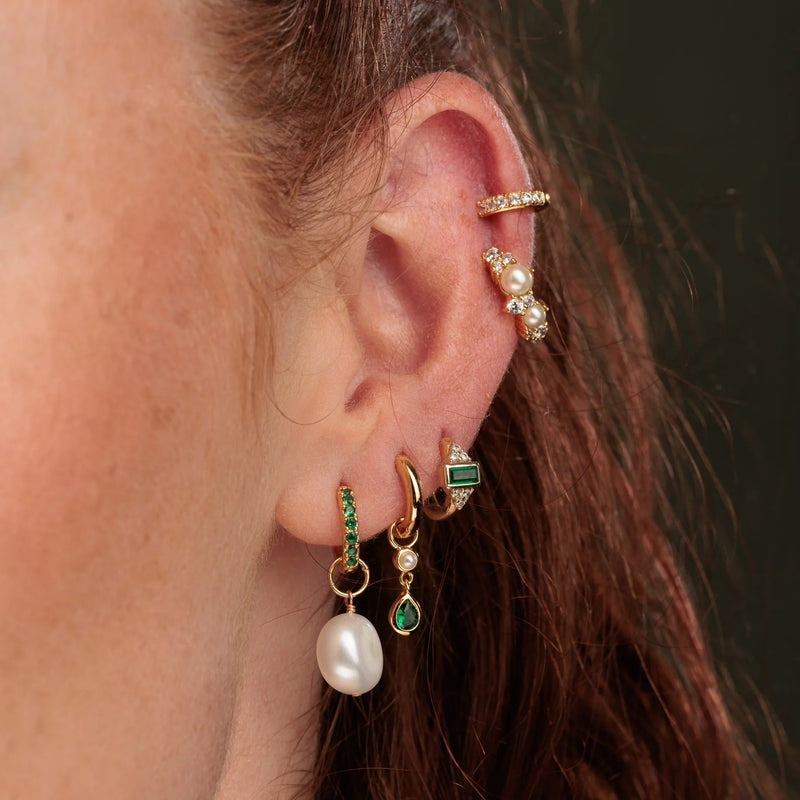 Emerald Green Teardrop & Pearl Charm Hoop Earrings - Gold - SPG-29996-162