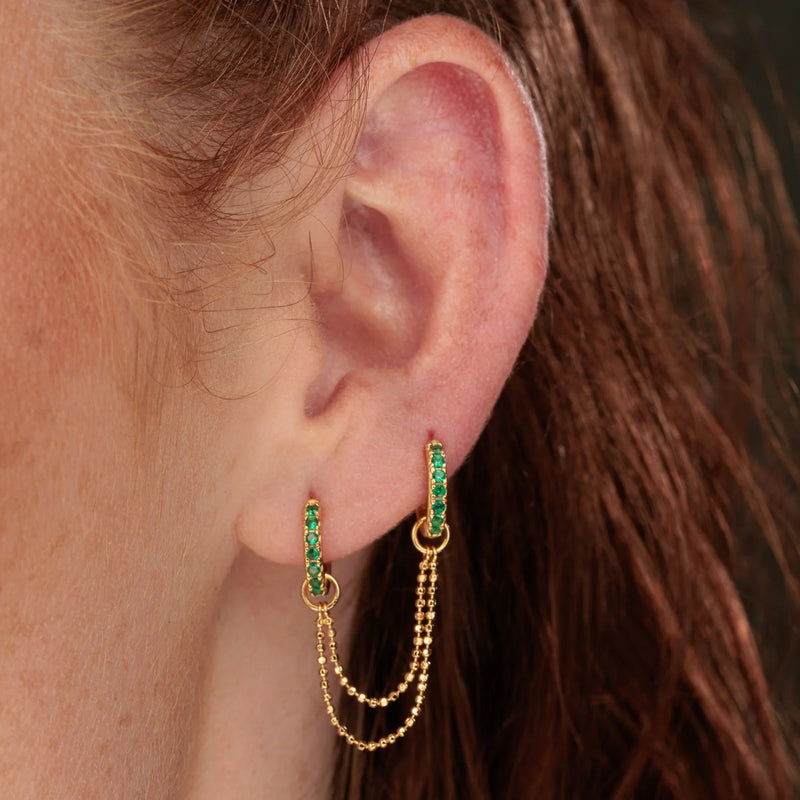 Emerald Green Stone Double Chain Huggie Earring - Gold - SPG-25009-185