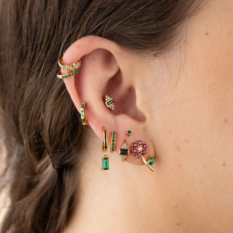 Green Stone Flat Back Earring (Single) - Gold - SPG-30a