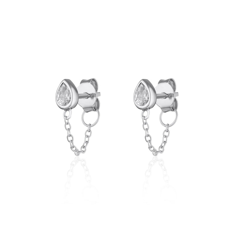 Chained Teardrop Stud Earrings - Silver - SPS-68a