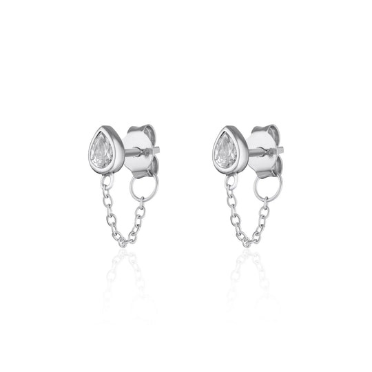 Chained Teardrop Stud Earrings - Silver - SPS-68a
