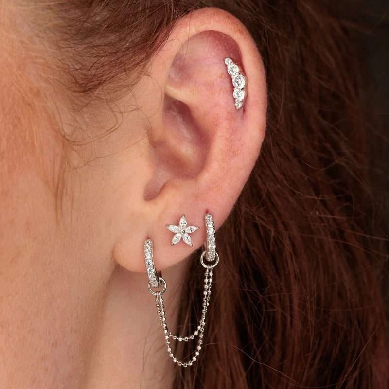 Clear Stone Double Chain Huggie Earring - Silver - SPS-25009-48